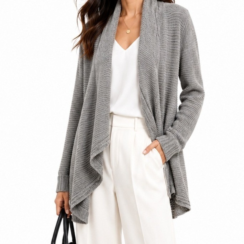 White House Black Market Gray Ribbed Open Front Cardigan Sweater Small Epaulets